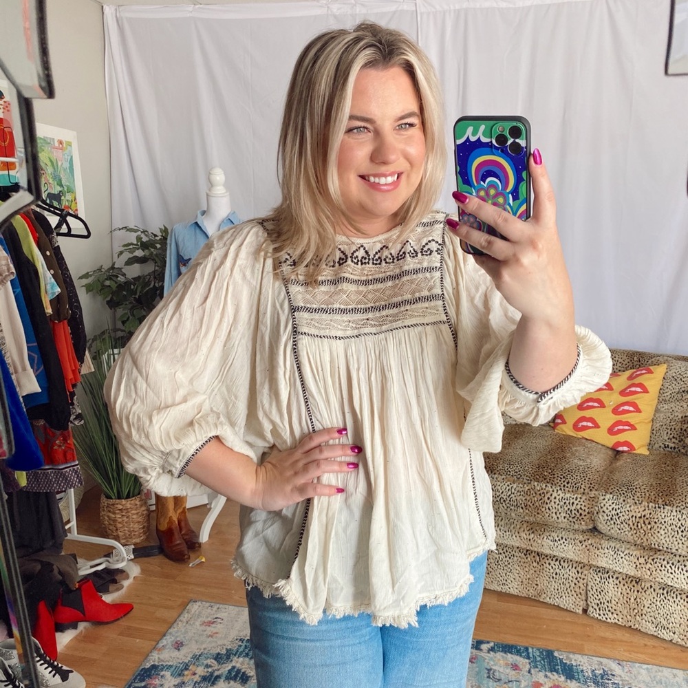 Free people cream beige black embroidered blouse
